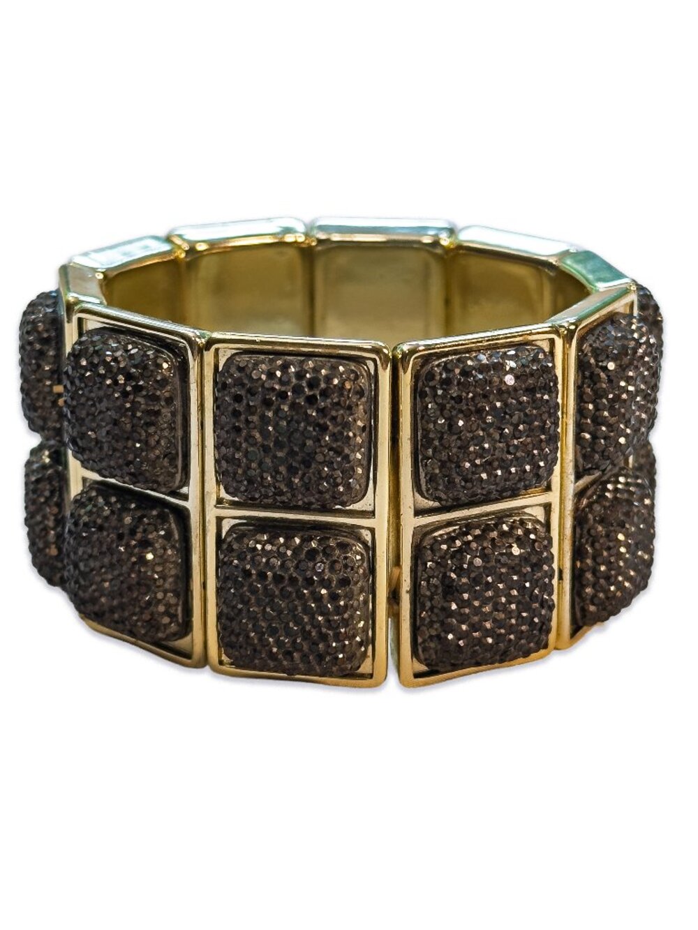 Vintage Black Rhinestone Blocks Gold Tone Plastic Plating Stretch Bracelet